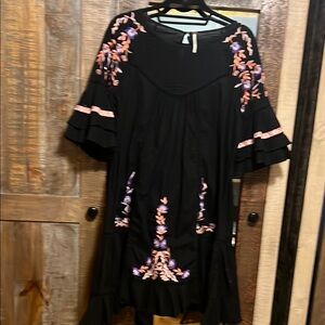 Free People Floral Embroidered Black Mini Dress
